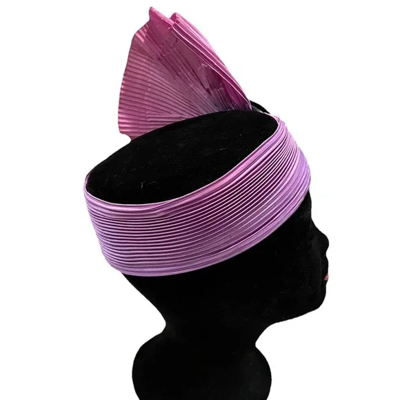 Eric Javits Vtg Pillbox Hat Fascinator Purple Pleats Velvet 80s Easter Statement - Picture 6 of 9